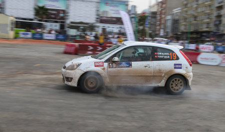 KOCAELI, TURKEY - AUGUST 22, 2015: Cem Alakoc with Ford Fiesta ST of Deltasport Team in special stage of Kocaeli Rally 2015のeditorial素材