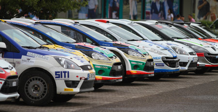 KOCAELI, TURKEY - AUGUST 22, 2015: Rally cars before ceremonial start of Kocaeli Rally 2015のeditorial素材