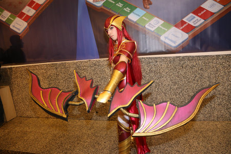 ISTANBUL, TURKEY - DECEMBER 20, 2015: Cosplayer girl in Knight Online Archer costume during Gamex game fair in Lutfi Kirdar International Convention and Exhibition Centerのeditorial素材