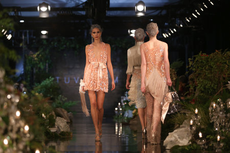 ISTANBUL, TURKEY - JANUARY 16, 2016: A model showcases one of the latest creations of Tuvanam during Fashionist Fair.のeditorial素材