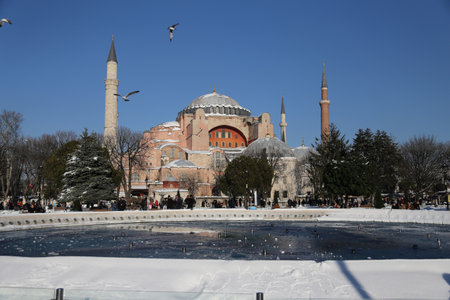 Hagia Sophia covered with first snow of season in Istanbul City, Turkeyのeditorial素材