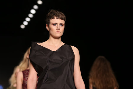 ISTANBUL, TURKEY - MARCH 16, 2016: A model showcases one of the latest creations of Cigdem Akin in Mercedes-Benz Fashion Week Istanbulのeditorial素材