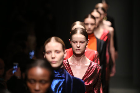 ISTANBUL, TURKEY - MARCH 17, 2016: Models showcase the latest creations of Sudi Etuz in Mercedes-Benz Fashion Week Istanbulのeditorial素材