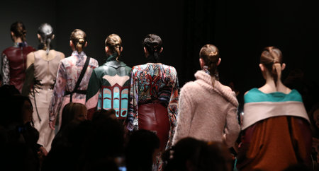 ISTANBUL, TURKEY - MARCH 18, 2016: Models showcase the latest creations of Bashaques in Mercedes-Benz Fashion Week Istanbulのeditorial素材