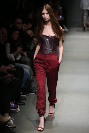 ISTANBUL, TURKEY - MARCH 18, 2016: A model showcases one of the latest creations of Salih Balta in Mercedes-Benz Fashion Week Istanbulのeditorial素材