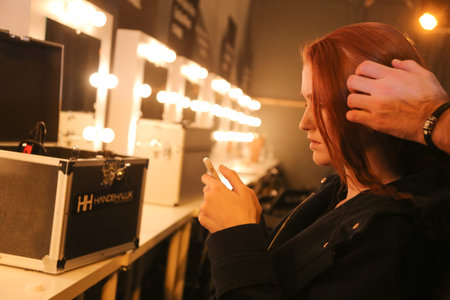 ISTANBUL, TURKEY - MARCH 18, 2016: Model in backstage of Tuba Ergin catwalk in Mercedes-Benz Fashion Week Istanbulのeditorial素材