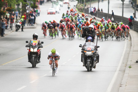 ISTANBUL, TURKEY - APRIL 24, 2016: Cyclists in Old Town of Istanbul during first stage of 52nd Presidential Cycling Tour of Turkey.のeditorial素材
