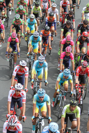 ISTANBUL, TURKEY - APRIL 24, 2016: Cyclists in Old Town of Istanbul during first stage of 52nd Presidential Cycling Tour of Turkey.のeditorial素材
