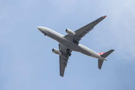 ISTANBUL, TURKEY - APRIL 24, 2016: Turkish Airlines Airbus A330-243F (CN 1004) landing to Istanbul Ataturk Airport. THY is the flag carrier of Turkey with 306 fleet size and 284 destinationsのeditorial素材