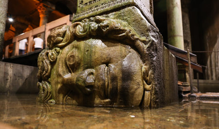 ISTANBUL, TURKEY - JULY 28, 2016: Medusa columns base inside Basilica Cistern. The Basilica Cistern is the largest of several hundred ancient cisterns that lie beneath the city of Istanbul.のeditorial素材