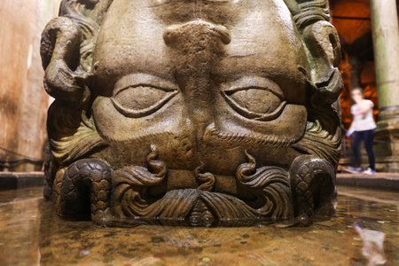 ISTANBUL, TURKEY - JULY 28, 2016: Medusa columns base inside Basilica Cistern. The Basilica Cistern is the largest of several hundred ancient cisterns that lie beneath the city of Istanbul.のeditorial素材