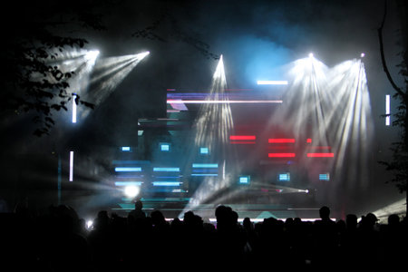 Concert stage at night with lighting equipment