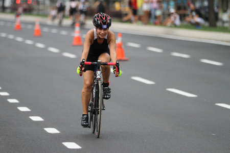 ISTANBUL, TURKEY - AUGUST 21, 2016: Athletes competing in cycling component of Istanbul Triathlon in Marmara Sea coast. 586 triathletes attempt to sixth Istanbul Thriathlon.のeditorial素材