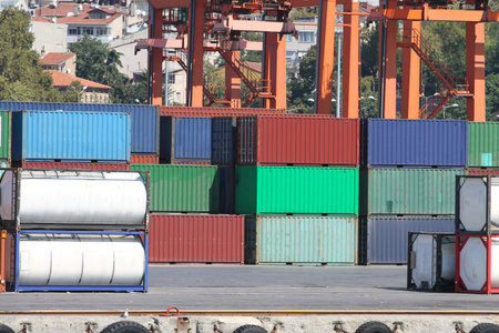 Containers waiting to transfer in a port