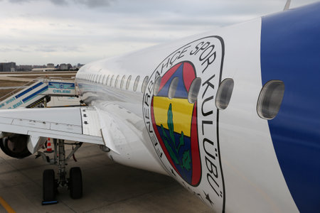 ISTANBUL, TURKEY - OCTOBER 08, 2016: Borajet Embraer 190-200IGW showcases in Istanbul Airshow. Airshow held in Istanbul Ataturk Airport and 162 companies from 38 countries are participatedのeditorial素材