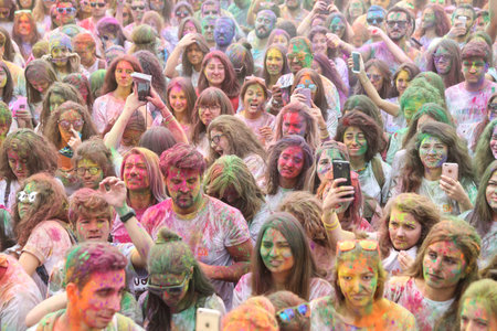 ISTANBUL, TURKEY - OCTOBER 09, 2016: People have fun in colors during Color Sky 5K run in Istanbul
