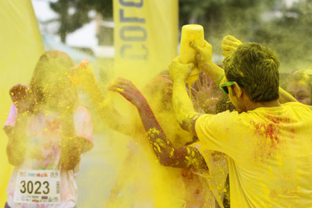 ISTANBUL, TURKEY - OCTOBER 09, 2016: People have fun in colors during Color Sky 5K run in Istanbul