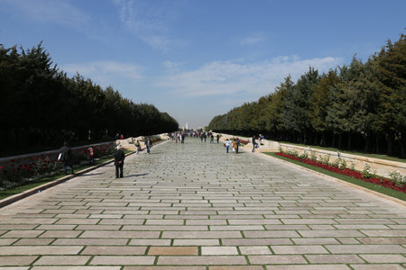 ANKARA, TURKEY - OCTOBER 22, 2016: People walk in Road of Lions to reach Anitkabir mausoleum of Mustafa Kemal Ataturk. More than 5 million people visit Anitkabir every year.のeditorial素材