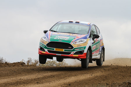CORUM, TURKEY - OCTOBER 29, 2016: Umit Can Ozdemir drives Ford Fiesta R2T of Castrol Ford Team Turkiye in Corum Hitit Rallyのeditorial素材