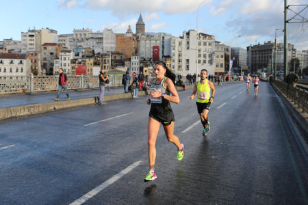 ISTANBUL, TURKEY - NOVEMBER 13, 2016: Athletes running in 38. Istanbul marathon which includes two continents in one race. Marathon starts on the Asian side and finishs in European side of Istanbul.のeditorial素材