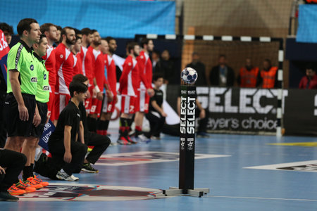 KOCAELI, TURKEY - FEBRUARY 11, 2017: Players before VELUX EHF Champions League handball match between Besiktas MOGAZ HT and Dinamo Bucuresti.のeditorial素材