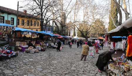 BURSA, TURKEY - MARCH 18, 2017: People shopping in old Ottoman village Cumalikizik in Bursa City. Village located 10 kilometers east of the city of Bursa, at the foot of Mount Uludag.のeditorial素材