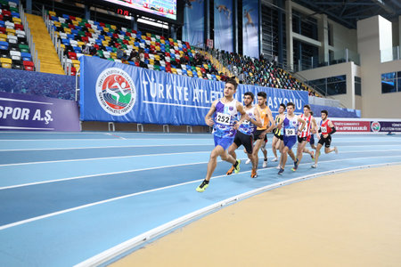 ISTANBUL, TURKEY - FEBRUARY 04, 2017: Athletes running during Turkcell Turkish Youth Indoor Championshipsのeditorial素材