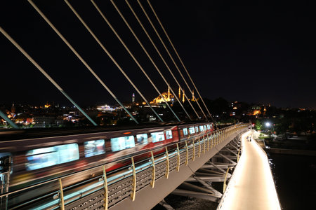 Golden Horn Metro Bridge and Suleymaniye mosque in Istanbul City, Turkeyの写真素材