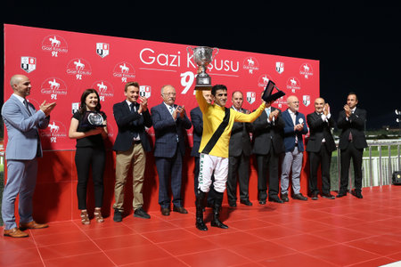 ISTANBUL, TURKEY - JUNE 25, 2017: Podium ceremony of Anafartalar Run in Istanbul Horce Race, Veliefendi racetrack.のeditorial素材
