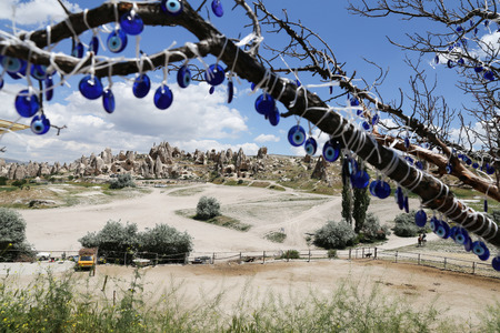 View of Cappadocia with Evil Eye Beads in Turkeyの写真素材