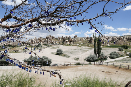 View of Cappadocia with Evil Eye Beads in Turkeyの写真素材