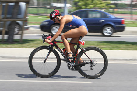 ISTANBUL, TURKEY - AUGUST 13, 2017: Athletes competing in cycling component of Istanbul Kartal Triathlon.のeditorial素材