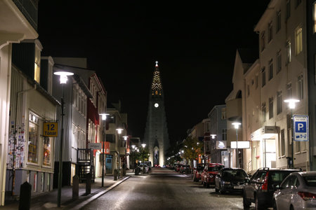 REYKJAVIK, ICELAND - SEPTEMBER 25, 2017: Buildings in Reykjavik where capital city of Iceland during night.のeditorial素材