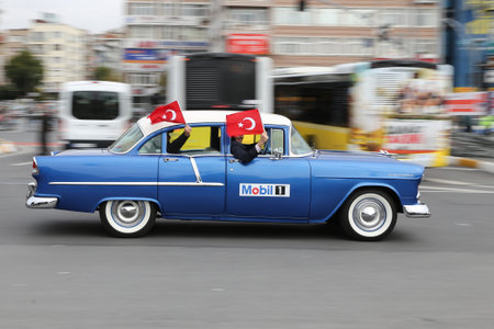ISTANBUL, TURKEY - OCTOBER 29, 2017: Classic Car pass during 29 October Republic Day of Turkey parade in Vatan Avenueのeditorial素材