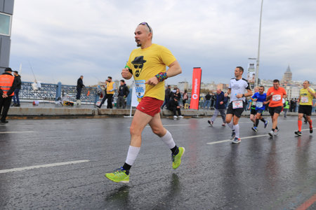 ISTANBUL, TURKEY - NOVEMBER 12, 2017: Athletes running in 39. Istanbul marathon which includes two continents in one race. Marathon starts on the Asian side and finishs in European side of Istanbul.のeditorial素材