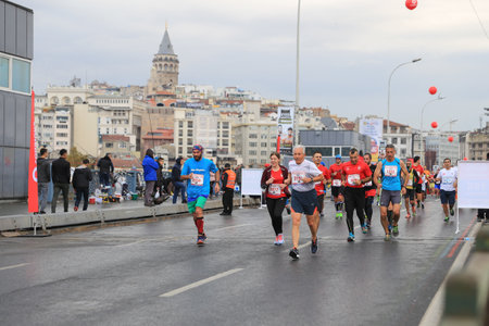 ISTANBUL, TURKEY - NOVEMBER 12, 2017: Athletes running in 39. Istanbul marathon which includes two continents in one race. Marathon starts on the Asian side and finishs in European side of Istanbul.のeditorial素材
