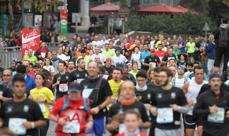 ISTANBUL, TURKEY - NOVEMBER 12, 2017: Athletes running in 39. Istanbul marathon which includes two continents in one race. Marathon starts on the Asian side and finishs in European side of Istanbul.のeditorial素材