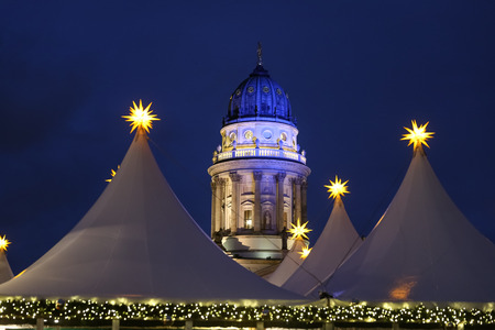 German Church and  Gendarmenmarkt Christmas Market in Gendarmenmarkt Square, Berlin City, Germanyの写真素材