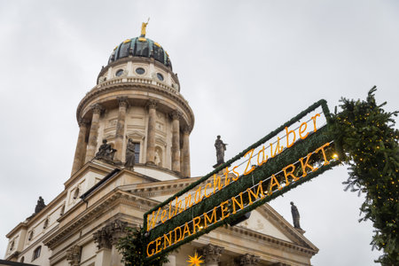 French Cathedral in Gendarmenmarkt and Christmas Market, Berlin City, Germanyのeditorial素材