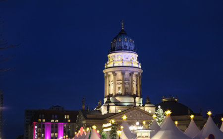 German Church and  Gendarmenmarkt Christmas Market in Gendarmenmarkt Square, Berlin City, Germanyのeditorial素材