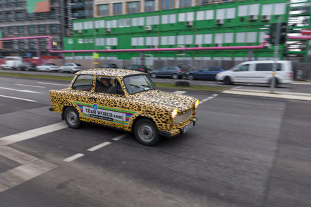 BERLIN, GERMANY - DECEMBER 16, 2017: An old Trabant car driven in Berlin streetsのeditorial素材