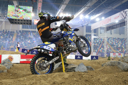 ISTANBUL, TURKEY - NOVEMBER 25, 2017: Unidentified rider in action during Istanbul Superenduro championship in Atakoy Athletics Arena.のeditorial素材