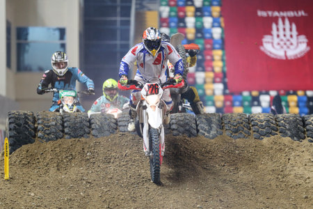 ISTANBUL, TURKEY - NOVEMBER 25, 2017: Unidentified rider in action during Istanbul Superenduro championship in Atakoy Athletics Arena.のeditorial素材