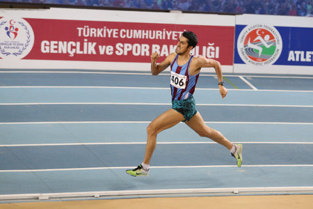 ISTANBUL, TURKEY - JANUARY 07, 2018: Undefined athlete running during Turkish Athletic Federation  Threshold Indoor Competitionsのeditorial素材