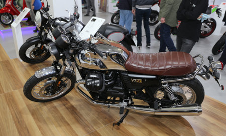 ISTANBUL, TURKEY - FEBRUARY 25, 2018: Moto Guzzi V7 on display at Motobike Istanbul in Istanbul...