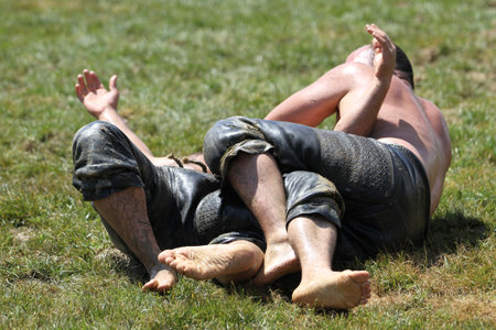 ISTANBUL, TURKEY - MAY 12, 2018: Oil wrestlers compete during Etnospor Culture Festival. Oil wrestling also called grease wrestling is the Turkish traditional sport.のeditorial素材