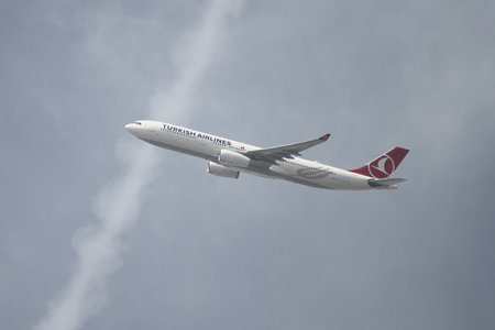 ISTANBUL, TURKEY - JUNE 09, 2018: Turkish Airlines Airbus A330-343 (CN 1635) takes off from Istanbul Ataturk Airport. THY is the flag carrier of Turkey with 338 fleet size and 300 destinationsのeditorial素材