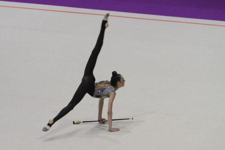 ISTANBUL, TURKEY - JUNE 24, 2018: Unknown gymnast performs during Istanbul Rhythmic Cup