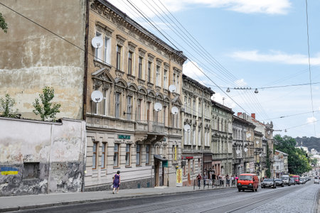 LVIV, UKRAINE - JULY 11, 2018: Street view in Lviv City where is the largest city in western Ukraine and the seventh largest city in the countryのeditorial素材