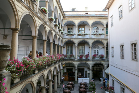 LVIV, UKRAINE - JULY 09, 2018: General view of Italian Courtyard in Lviv City.のeditorial素材